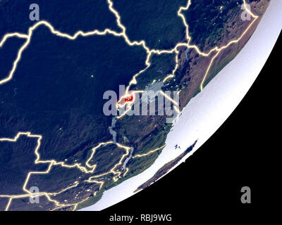 Le Rwanda à partir de l'espace sur le modèle de terre pendant la nuit. Des détails très fins de la surface de la planète et en plastique lumineux visibles les lumières de la ville. 3D illustration. Elements Banque D'Images