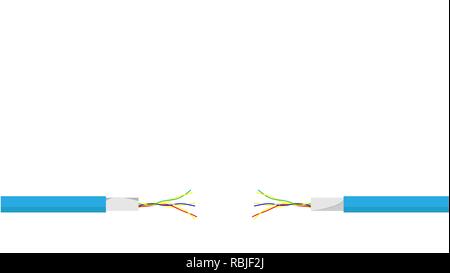 Cordon électrique bleu endommagé sur fond blanc. Câble électrique d'alimentation cassé dangereuses. Vector illustration. Illustration de Vecteur