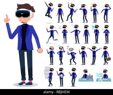 Un ensemble d'hommes portant des lunettes de réalité virtuelle avec qui expriment diverses émotions.Il y a des actions liées aux lieux de travail et des ordinateurs personnels.C'est vec Illustration de Vecteur