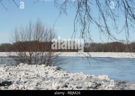 Hiver embâcle de la rivière Kankakee, dans l'Illinois, USA droit avant qu'il a commencé à se déplacer à partir de la fonte du printemps. Banque D'Images