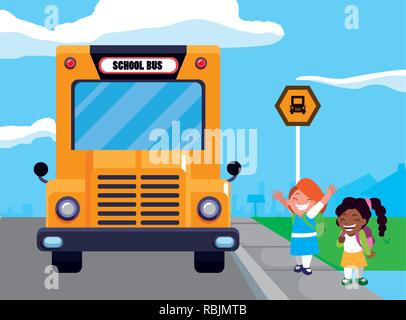 Happy student in l'arrêt de bus scolaire vecteur scène illustration design Illustration de Vecteur