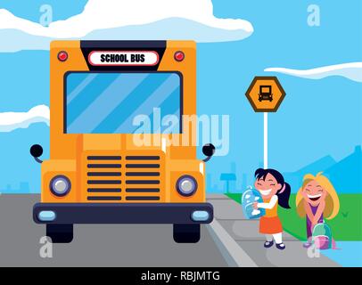 Happy student in l'arrêt de bus scolaire vecteur scène illustration design Illustration de Vecteur