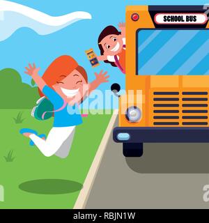 Happy student in l'arrêt de bus scolaire vecteur scène illustration design Illustration de Vecteur