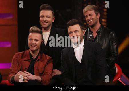 Westlife ((retour ligne) Kian Egan, Markus Feehily, (première rangée) Nicky Byrne et Shane Filan) pendant le tournage de la Graham Norton Show à BBC Television Centre 6 Studioworks, Wood Lane, Londres, pour être diffusé sur BBC One le vendredi soir. PRESS ASSOCIATION. Photo date : Jeudi 10 janvier 2019. Crédit photo doit se lire : PA au nom de tant d'images satellite Banque D'Images