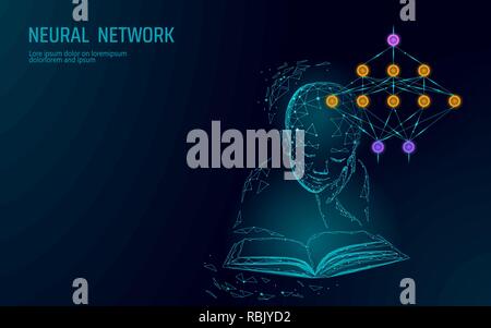 L'éducation de l'enfant concept en ligne. Réseau de neurones artificiels technologie science medicine le cloud computing. AI 3d abstrait système biologie. Illustration vecteur lumineux bleu polygonale Illustration de Vecteur