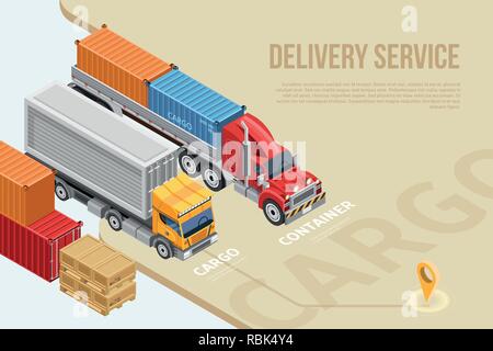 Design contemporain dans l'isométrie de camions pour la livraison du fret et de la logistique d'informations Illustration de Vecteur