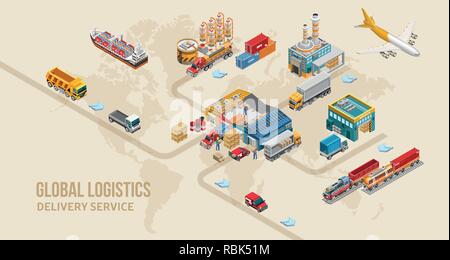 Système graphique de service de livraison terrestre moderne représenté sur la carte du monde dans le cadre de global logistics Illustration de Vecteur