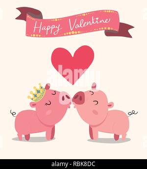 Cute couple kissing pigs rose, carte de la Saint-Valentin Illustration de Vecteur