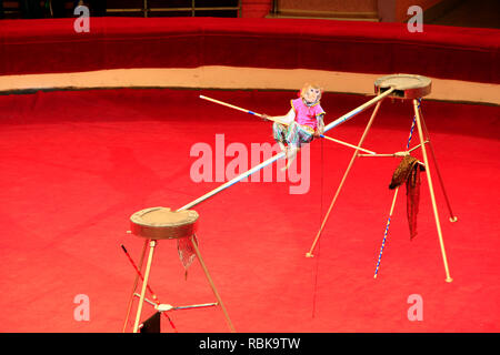 Singe formés marche sur corde avec poutre en cirque. Singe amusant dans la Scène de cirque Comel Banque D'Images