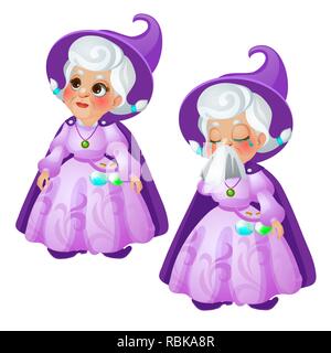 Une femme âgée fée dans un costume violet et hat pleure isolé sur fond blanc. Cartoon Vector illustration close-up. Illustration de Vecteur