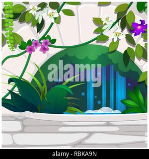 Jardin de fleurs tropicales artificielles et décoration en pierre. Affiche sur le thème de la nature. La culture de plantes en serre. Cartoon Vector illustration close-up. Illustration de Vecteur