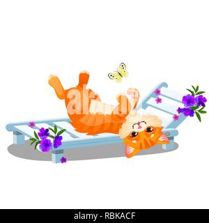 Rayé rouge animated cat allongé sur un transat et jouant avec un papillon isolé sur fond blanc. Cartoon Vector illustration close-up. Illustration de Vecteur