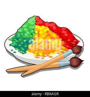 Un ensemble de colorants alimentaires de couleur dans une assiette et deux pinceaux isolé sur fond blanc. Cartoon Vector illustration close-up. Illustration de Vecteur