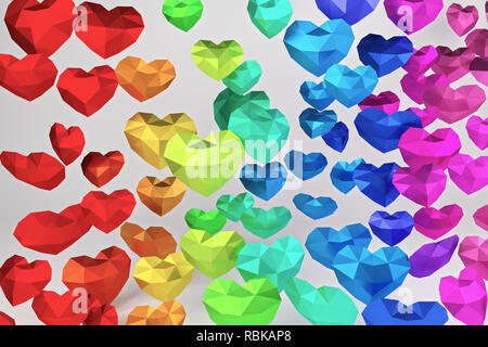 Le rendu 3D. De nombreux coeurs, polygonale multicolores Valentines Day Banque D'Images