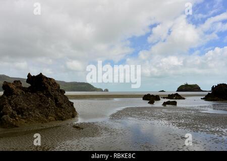 De grands blocs de calcaire sur une plage de sable fin, de la randonnée à travers le parc national de Cape Hillsborough, Queensland, Australie Banque D'Images