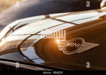 Novosibirsk, Russie - 08.01.2018 : un close-up avec un mini logo black metal chrome image sur un capot brillant brun dans la lumière du soleil d'une voiture marron comme un symbo Banque D'Images