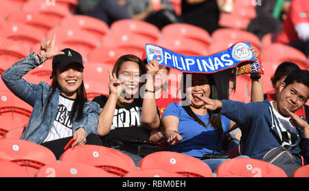 Abu Dhabi, UAE. Jan 11, 2019. Les spectateurs réagissent avant la coupe d'Asie de l'AFC 2019 ÉMIRATS ARABES UNIS 2019 match du groupe C entre la Chine et les Philippines à Abu Dhabi, U.A.E, 11 janvier 2019. Huiwo Crédit : Wu/Xinhua/Alamy Live News Banque D'Images