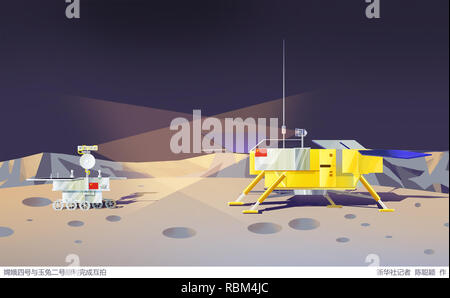 (190111) -- BEIJING, 11 janvier 2019 (Xinhua) -- une illustration montre la Chang'e-4 lander (R) et le rover Yutu-2 à prendre des photos de l'autre. (Xinhua/Chen Congying) Banque D'Images