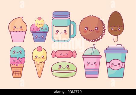 Produits sucrés vecteur illustration design personnages kawaii Illustration de Vecteur