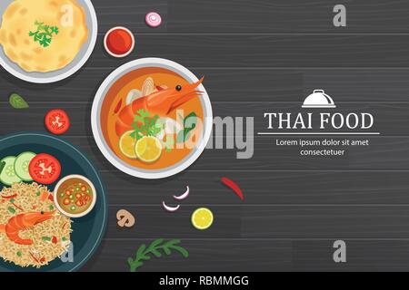 Tom Yum kung dans le bol sur la table en bois noir vue d'en haut. Ensemble de la Thaïlande. arrière-plan alimentaire Illustration de Vecteur