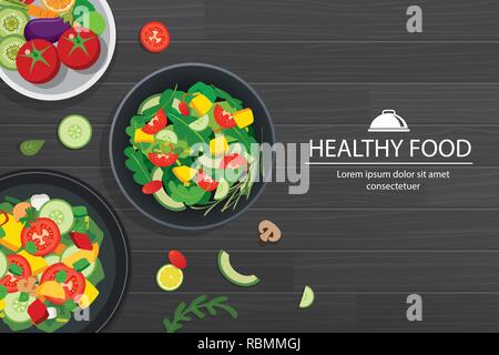 Les aliments sains avec des ingrédients sur la table en bois sombre arrière-plan. Illustration de Vecteur