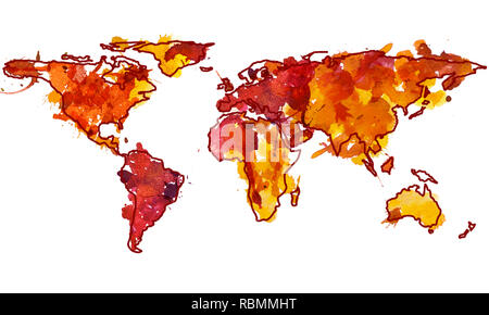 Dessinés à la main, 2d illustration de la carte du monde. Rouge Jaune aquarelle splash planet terre isolée. Croquis dessin et continents. Arrière-plan blanc. Banque D'Images