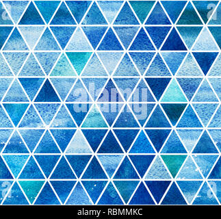 Fond d'aquarelle. 2d hand drawn seamless pattern avec lumière bleu vert mosaïque triangulaire. Ornement pour les tuiles de couleur marine. Isolé sur blanc b Banque D'Images