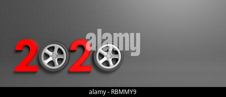 2020 et en voiture. Nouvelle année 2020 avec roue de voiture rouge isolé sur fond noir gris, bannière, copiez l'espace. 3d illustration Banque D'Images