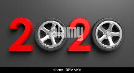 2020 et en voiture. Nouvelle année 2020, avec roue de voiture rouge isolé sur fond noir gris. 3d illustration Banque D'Images