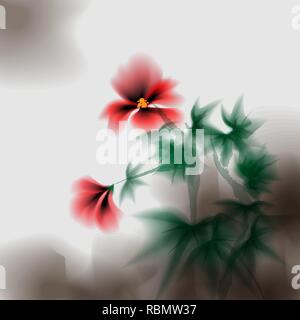 L'HIBISCUS hibiscus. L'effet d'encre. En vertu de la stylisation de travail d'artistes chinois. Un modèle pour la conception. Eps 10 Illustration de Vecteur