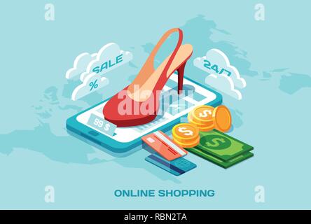Magasinage en ligne ecommerce concept. Poster isométrique avec vecteur chaussures rouge et argent de carte de crédit tablet computer Illustration de Vecteur