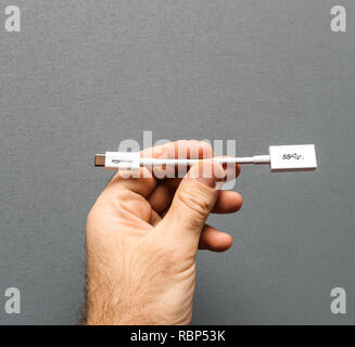 PARIS, FRANCE - Jan 23, 2018 : contre l'arrière-plan gris un nouveau câble blanc d'Amazon Basics AmazonBasics USB avec adaptateur USB-C pour Banque D'Images