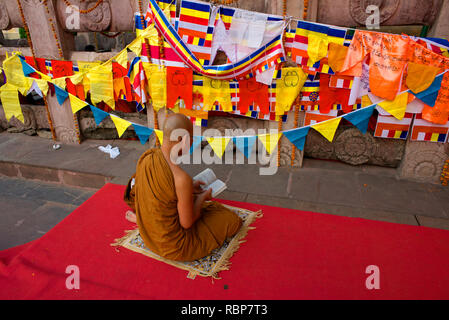 Un moine bouddhiste se lit de texte religieux à Bodh Gya Bouddha Purnima. célébrations durant Banque D'Images