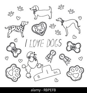 Les races de chiens. Définir avec l'inscription J'aime les chiens. Icônes isolé sur fond blanc dans le style. Images de contour Illustration de Vecteur