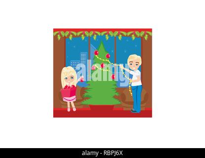 Les enfants décorer l'arbre de Noël Illustration de Vecteur