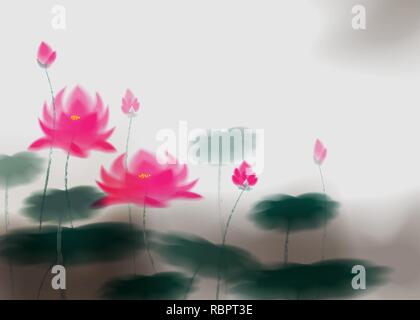 Carte avec fleur de lotus, lotus effet d'encre. En vertu de la stylisation de travail d'artistes chinois. Eps 10 Illustration de Vecteur