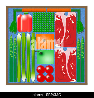 Voici une illustration de la cuisine à la pré-emballés accueil trousses de repas livrés à votre porte.. Il comprend des steaks, petits pois, carottes, orange, pomme, asp Banque D'Images