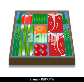 Voici une illustration de la cuisine à la pré-emballés accueil trousses de repas livrés à votre porte.. Il comprend des steaks, petits pois, carottes, orange, pomme, asp Banque D'Images