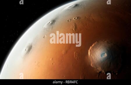 Mars - la région de Tharsis. Tharsis est un plateau volcanique de Mars' hémisphère Ouest. C'est le foyer de plusieurs volcans, y compris l'Olympus Mons (en bas à droite), le plus grand édifice volcanique dans le système solaire. Sur la gauche limbe de la planète peut être vu les trois plus petits mais encore des volcans éteints Arsia Mons (en bas), Pavonis Mons (milieu) et Ascraeus Mons (en haut). Ces trois volcans varient en taille de 350 à 450 kilomètres (km) à l'échelle et elles disposent chacune d'une hauteur d'environ 15 km. Banque D'Images