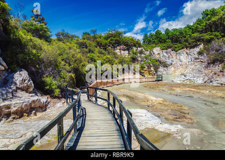 Pont en bois marche à Wai-o-Tapu thermal park à Rotorua, Nouvelle-Zélande Banque D'Images