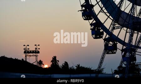 Magnifique coucher de soleil avec des arbres, des conseils scolaires et de grande roue. Banque D'Images