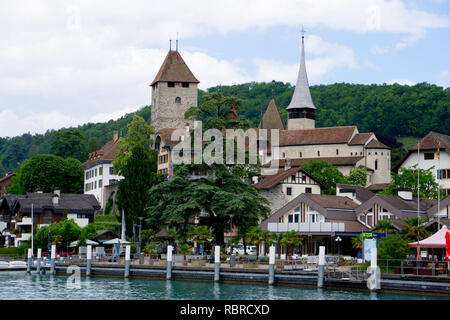 Rives du lac de Thoune dans la région Spiez Banque D'Images