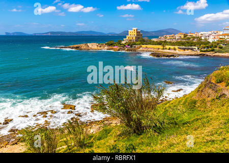 Côtes de la Méditerranée dans la ville d'Alghero, Sardaigne, Italie. Les fleurs du printemps et les arbres sur le premier plan, les bâtiments colorés du vieux centre-ville d'Alghero sur bac Banque D'Images