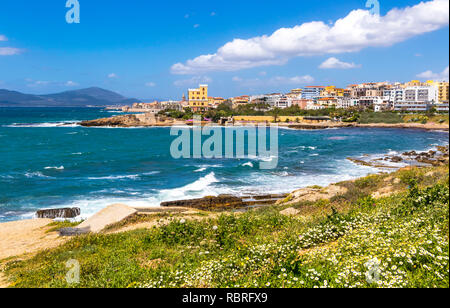 Côtes de la Méditerranée dans la ville d'Alghero, Sardaigne, Italie. Les fleurs du printemps et les arbres sur le premier plan, les bâtiments colorés du vieux centre-ville d'Alghero sur bac Banque D'Images