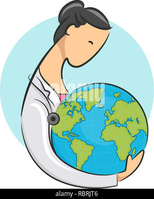 Illustration d'une fille médecin portant blouse blanche et stéthoscope Holding the Earth Banque D'Images