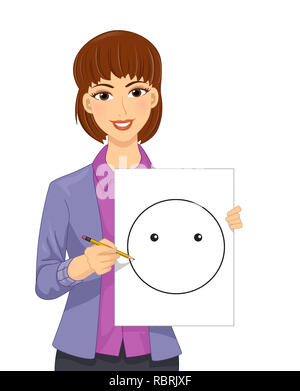 Illustration d'une fille Teacher Holding un papier avec un Smiley avec pas de bouche et un crayon pour dessiner les émotions Banque D'Images