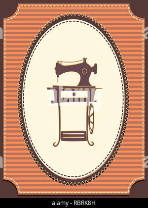 Illustration de l'ancienne machine à coudre dans un cadre avec des rayures en crème et marron Banque D'Images