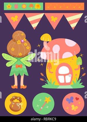 Illustration d'une fée Le Jardin d'éléments sur son dos à partir de la maison de fées, ailes, pièces de monnaie, Wand, papillons, Pennant Banner Banque D'Images