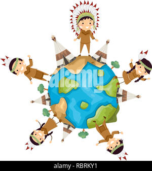 Illustration de la Native American Stickman Kids avec tipi et des arbres autour du monde Banque D'Images