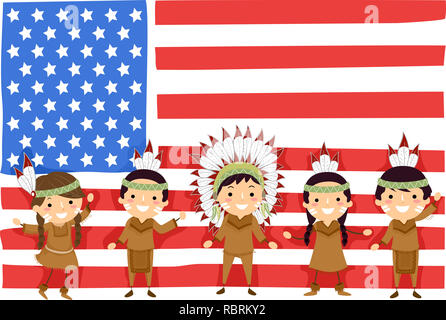 Illustration de la Native American Stickman Kids en face de l'US Flag Banque D'Images